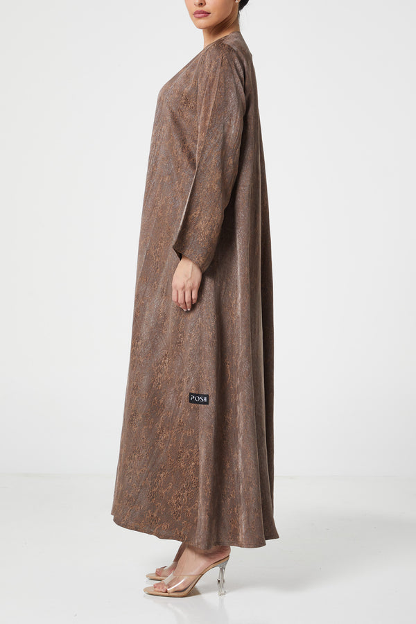 Brown flora jaquard Abaya, Front Embroidery Detail