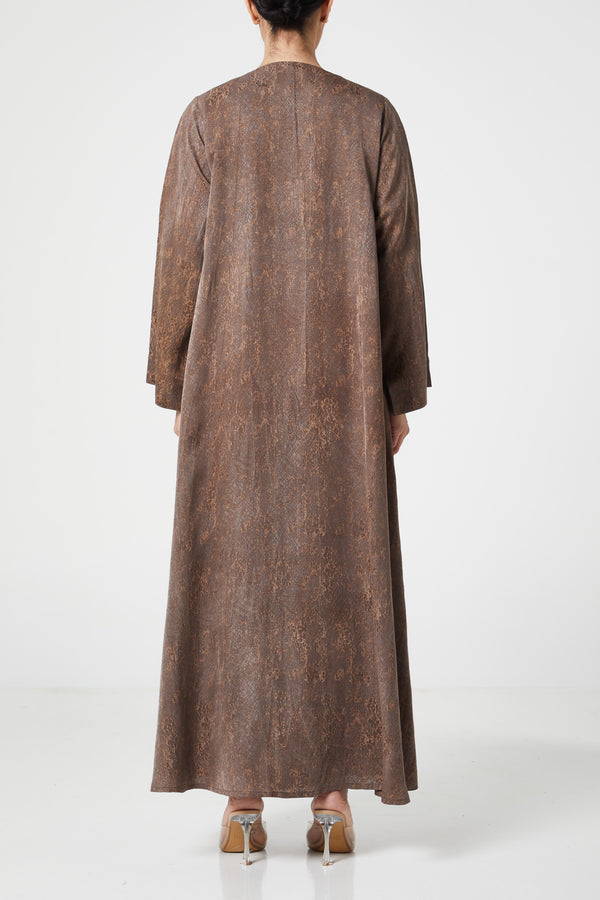 Brown flora jaquard Abaya, Front Embroidery Detail