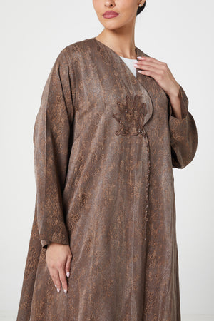Brown flora jaquard Abaya, Front Embroidery Detail