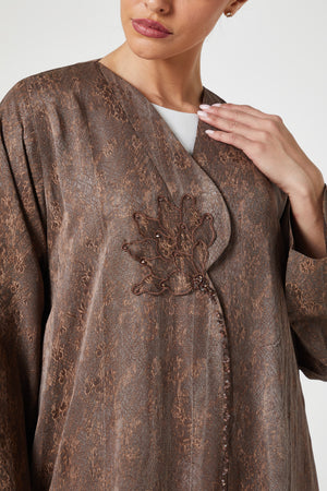 Brown flora jaquard Abaya, Front Embroidery Detail
