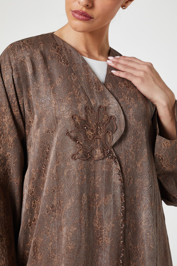 Brown flora jaquard Abaya, Front Embroidery Detail