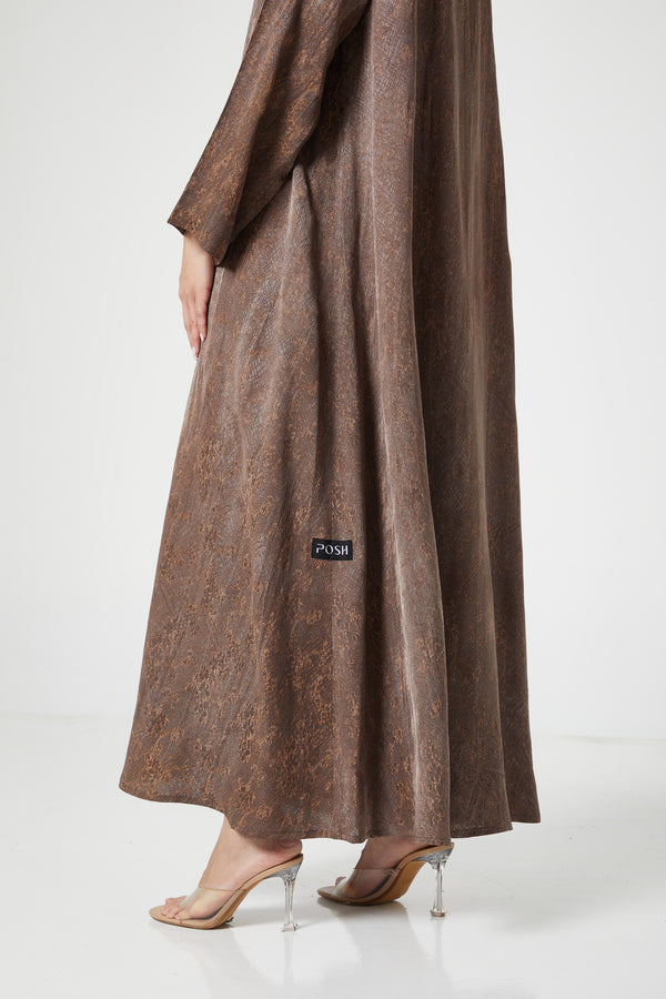 Brown flora jaquard Abaya, Front Embroidery Detail