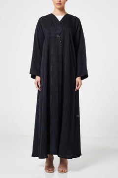 Black flora jaquard Abaya, Front Embroidery Detail