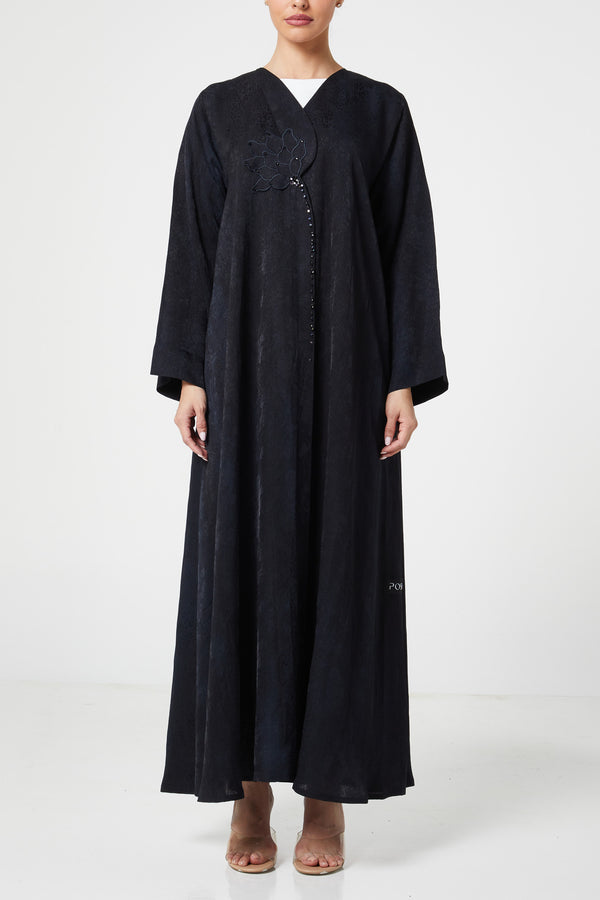 Black flora jaquard Abaya, Front Embroidery Detail