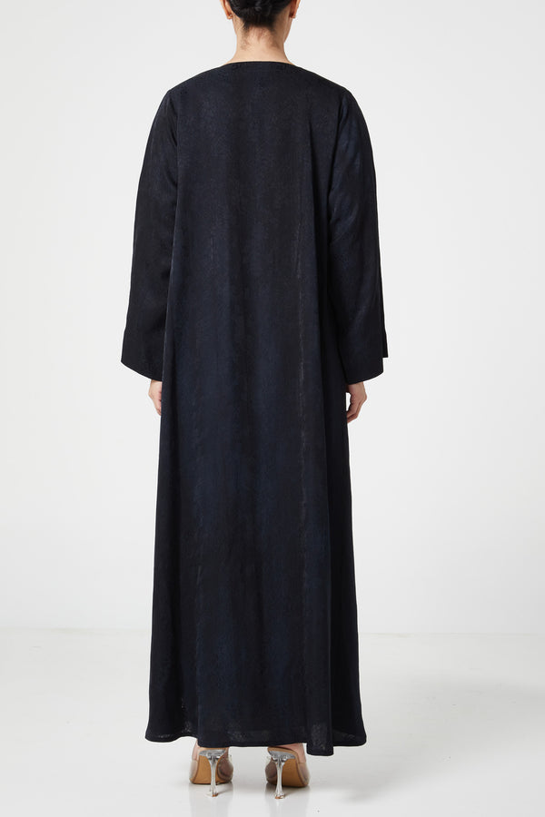 Black flora jaquard Abaya, Front Embroidery Detail