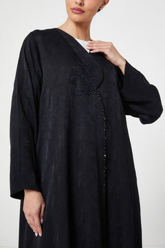 Black Flora Jacquard Abaya, Front Embroidery Detail
