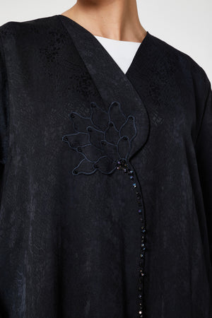 Black flora jaquard Abaya, Front Embroidery Detail