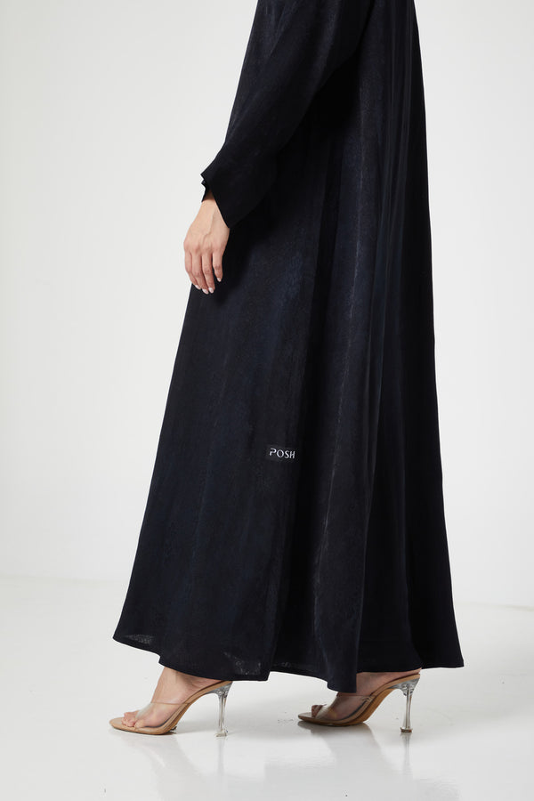 Black flora jaquard Abaya, Front Embroidery Detail