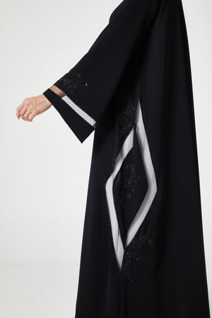 Black royal nada Abaya, Front Beadwork Detail