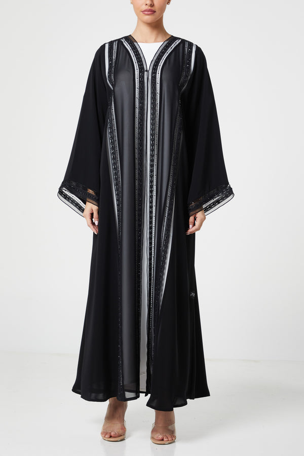 Black royal nada Abaya, Front Beadwork Detail