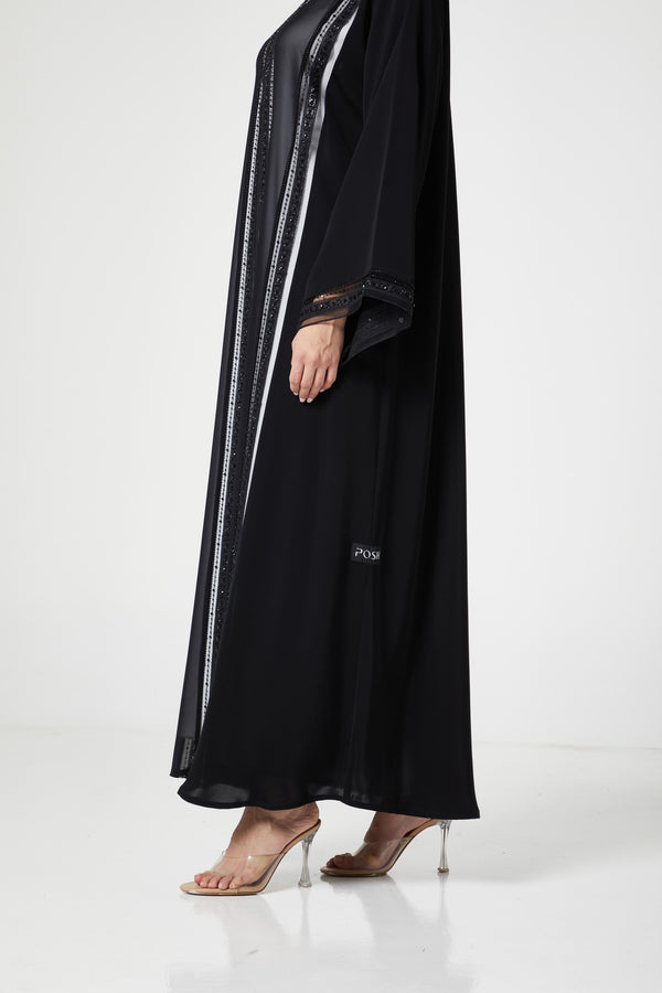 Black royal nada Abaya, Front Beadwork Detail