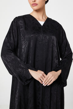 Black Shaina Jacquard Abaya, Front Beadwork Detail