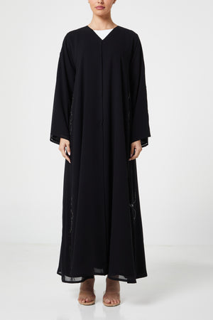 Black malika chiffon Custom Abaya, Front Beadwork Detail