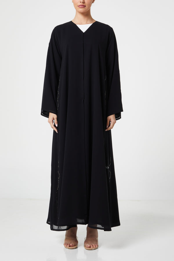 Black malika chiffon Custom Abaya, Front Beadwork Detail