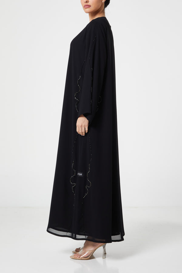 Black malika chiffon Custom Abaya, Front Beadwork Detail