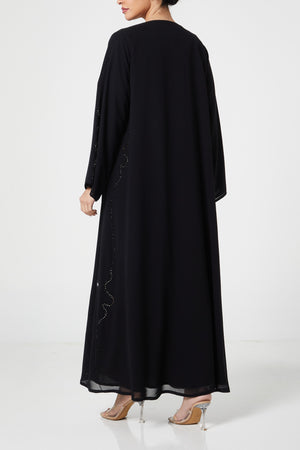 Black malika chiffon Custom Abaya, Front Beadwork Detail