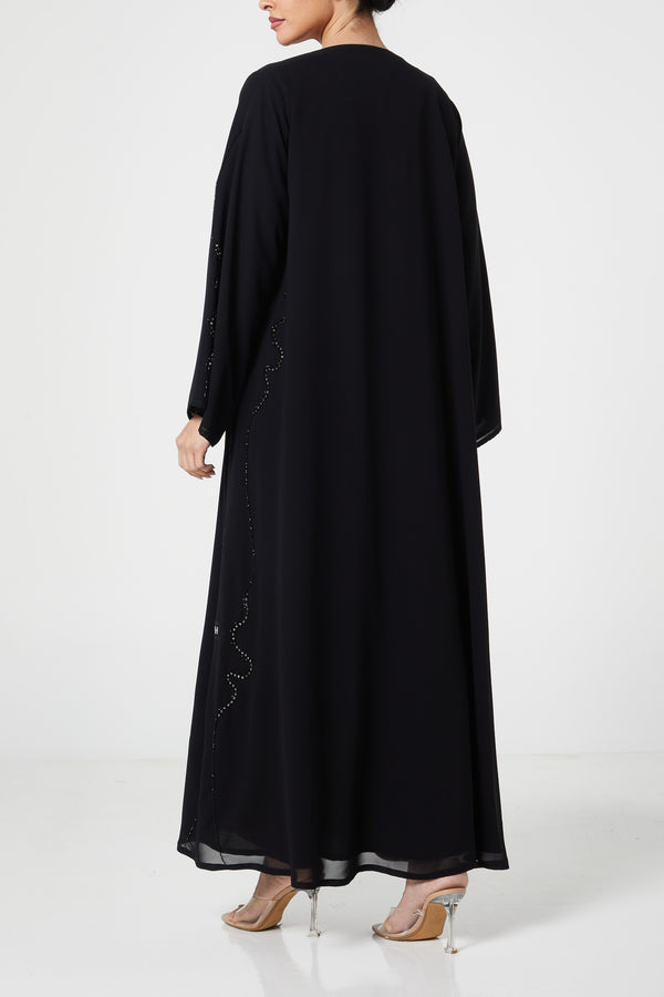 Black malika chiffon Custom Abaya, Front Beadwork Detail