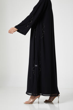 Black malika chiffon Custom Abaya, Front Beadwork Detail