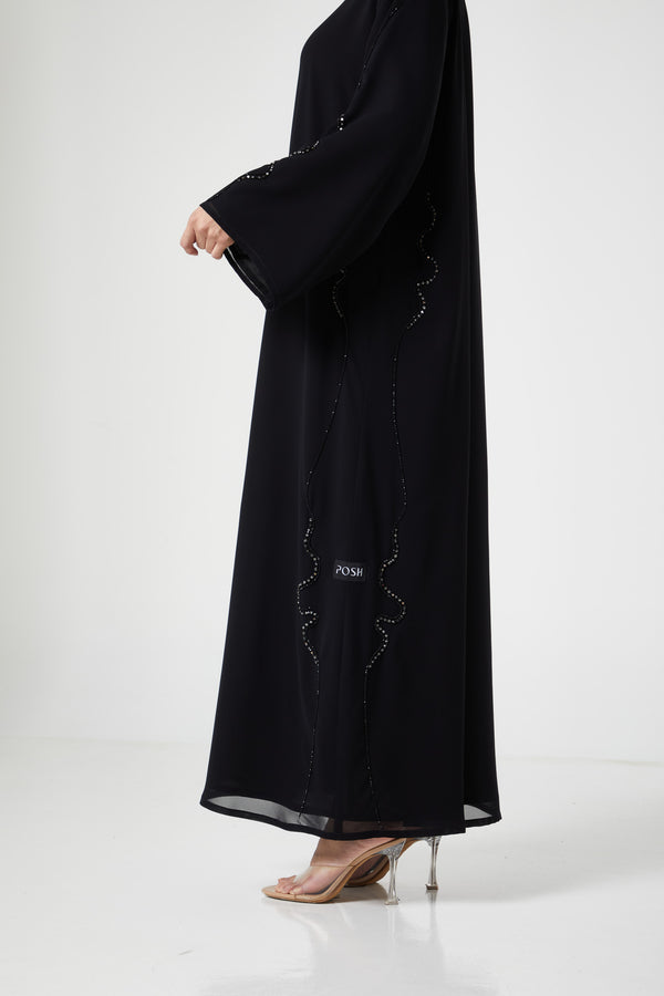Black malika chiffon Custom Abaya, Front Beadwork Detail