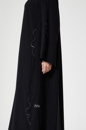 Black malika chiffon Custom Abaya, Front Beadwork Detail
