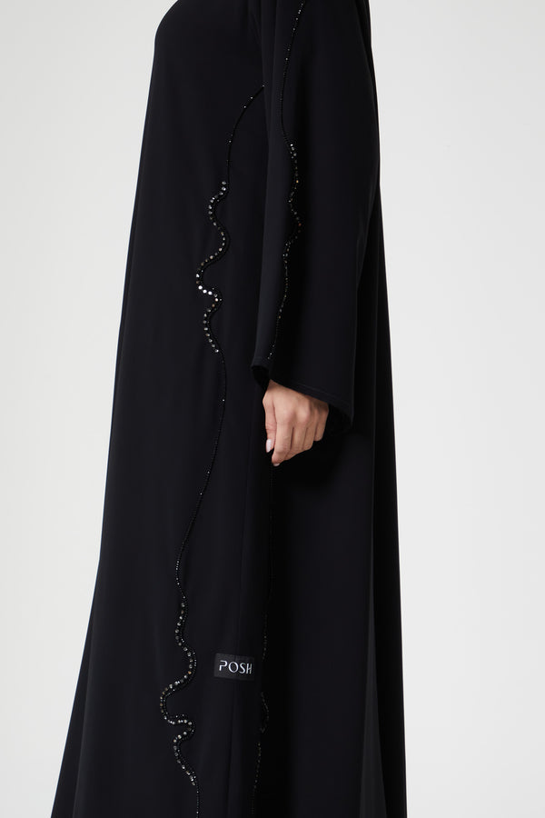 Black malika chiffon Custom Abaya, Front Beadwork Detail