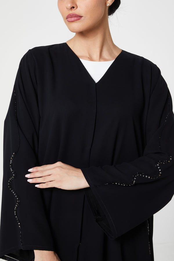 Black malika chiffon Custom Abaya, Front Beadwork Detail
