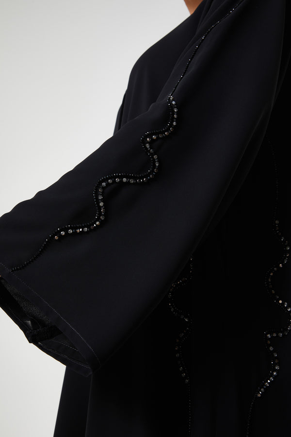 Black malika chiffon Custom Abaya, Front Beadwork Detail