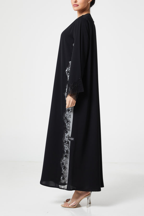Black royal nada Abaya, Front Beadwork Detail