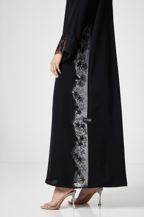 Black royal nada Abaya, Front Beadwork Detail
