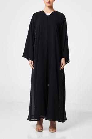 Black malika chiffon Custom Abaya, Front Beadwork Detail