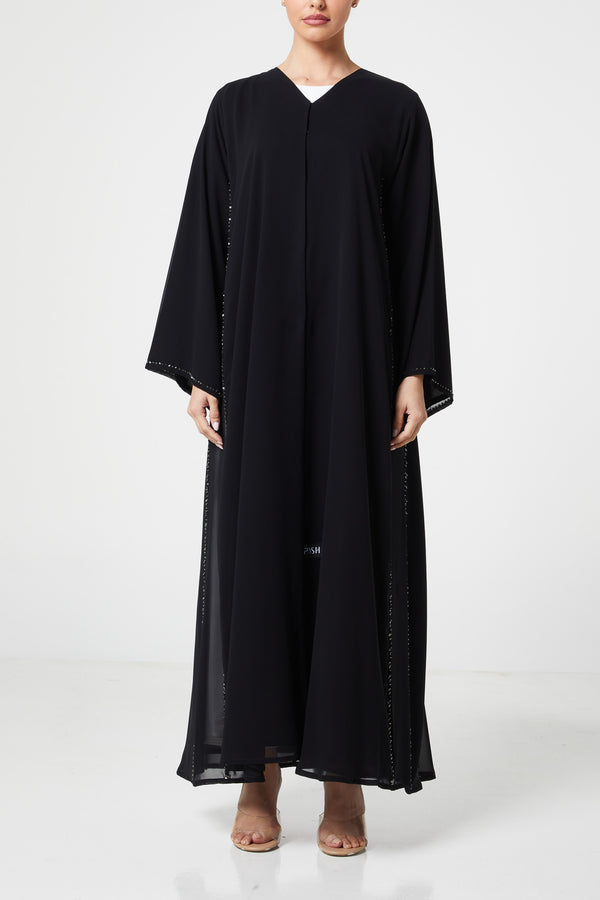 Black malika chiffon Custom Abaya, Front Beadwork Detail