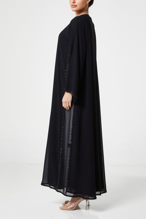 Black malika chiffon Custom Abaya, Front Beadwork Detail