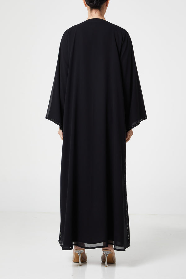 Black malika chiffon Custom Abaya, Front Beadwork Detail