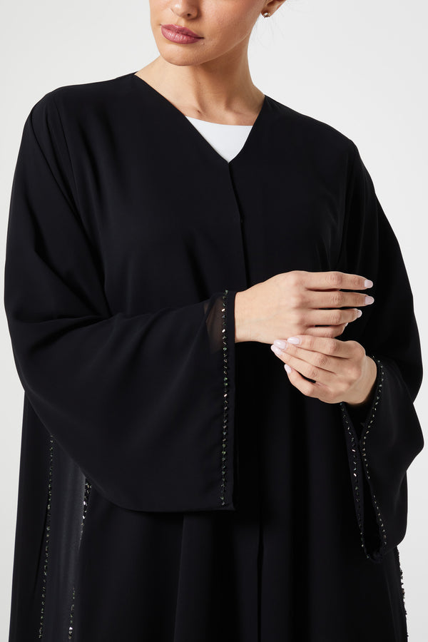 Black malika chiffon Custom Abaya, Front Beadwork Detail