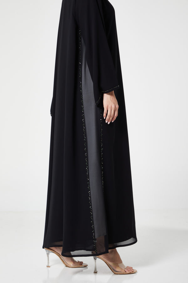 Black malika chiffon Custom Abaya, Front Beadwork Detail