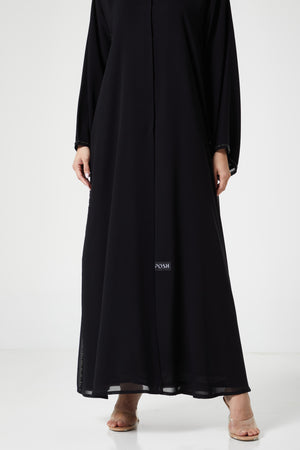 Black malika chiffon Custom Abaya, Front Beadwork Detail