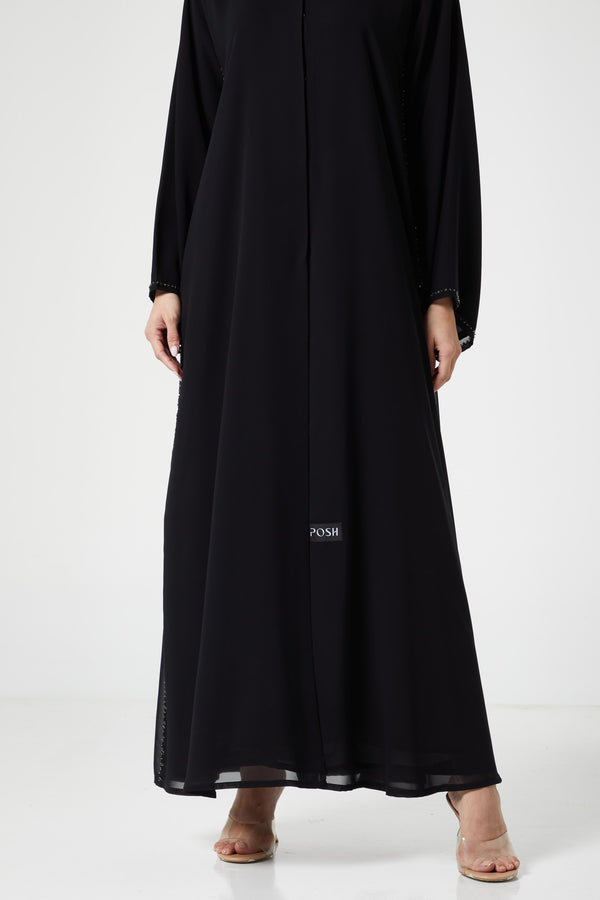 Black malika chiffon Custom Abaya, Front Beadwork Detail