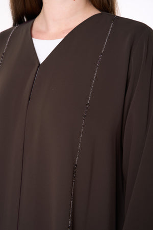 Brown Zoe Crepe Abaya with Beaded Sleeve Embroidery