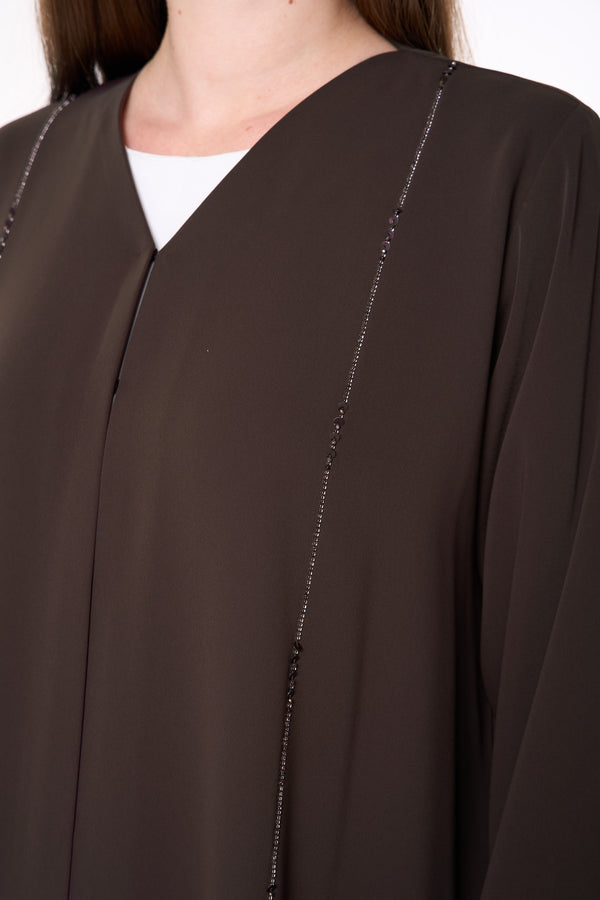 Brown Zoe Crepe Abaya with Beaded Sleeve Embroidery