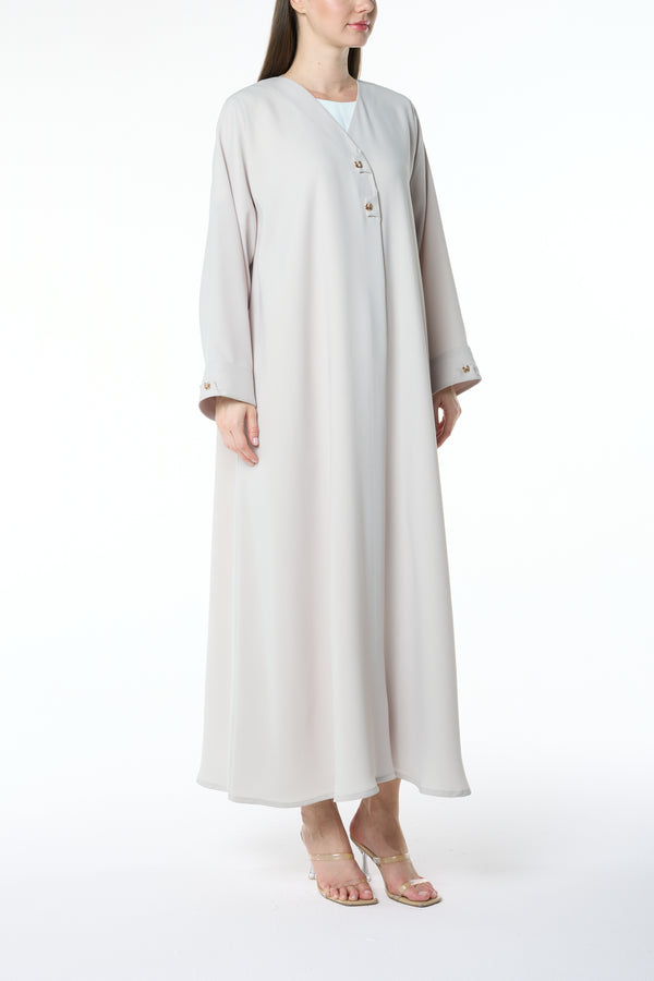 Beige Aroma Crepe Abaya with Golden Bow Buttons