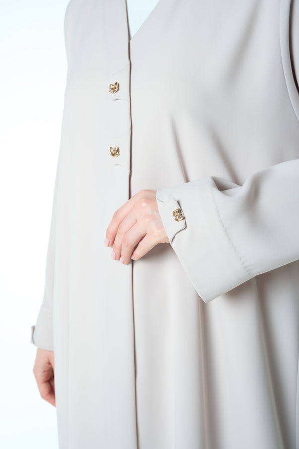 Beige Aroma Crepe Abaya with Golden Bow Buttons