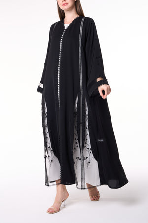 Black Royal Nada Custom Abaya, Front Lace and Side Beadwork