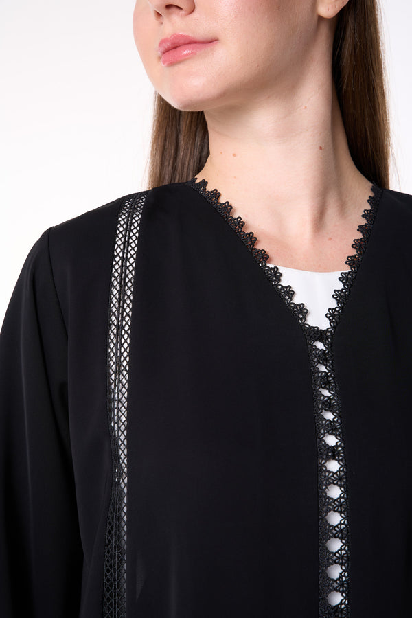Black Royal Nada Custom Abaya, Front Lace and Side Beadwork