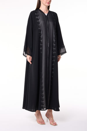Black Royal Nada Abaya with Tatreez Leaf Embroidery