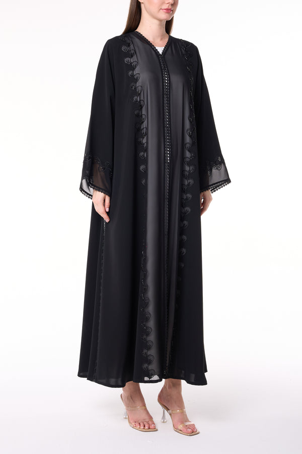Black Royal Nada Abaya with Tatreez Leaf Embroidery