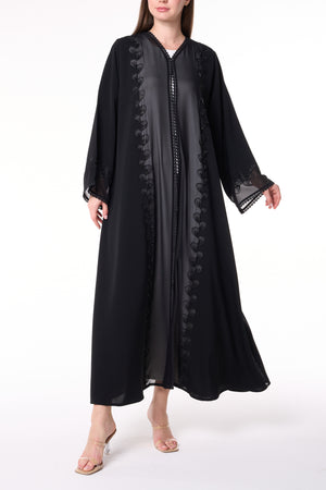 Black Royal Nada Abaya with Tatreez Leaf Embroidery