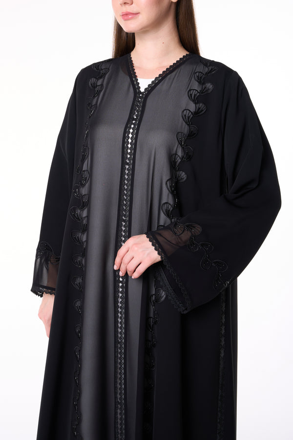 Black Royal Nada Abaya with Tatreez Leaf Embroidery