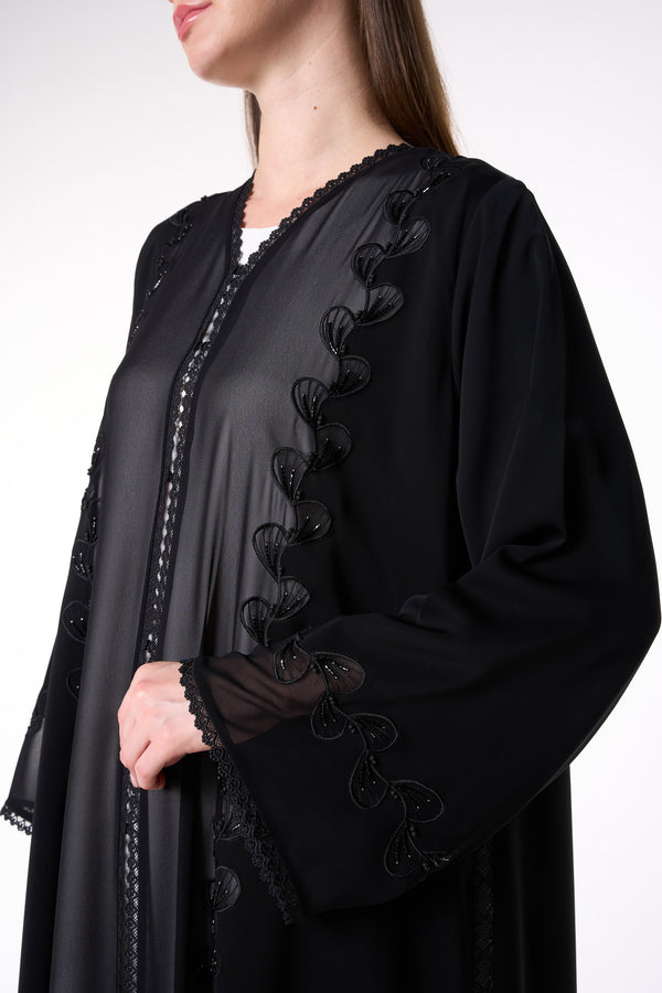 Black Royal Nada Abaya with Tatreez Leaf Embroidery