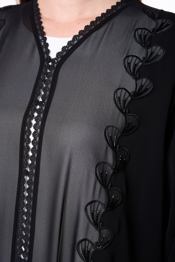 Black Royal Nada Abaya with Tatreez Leaf Embroidery