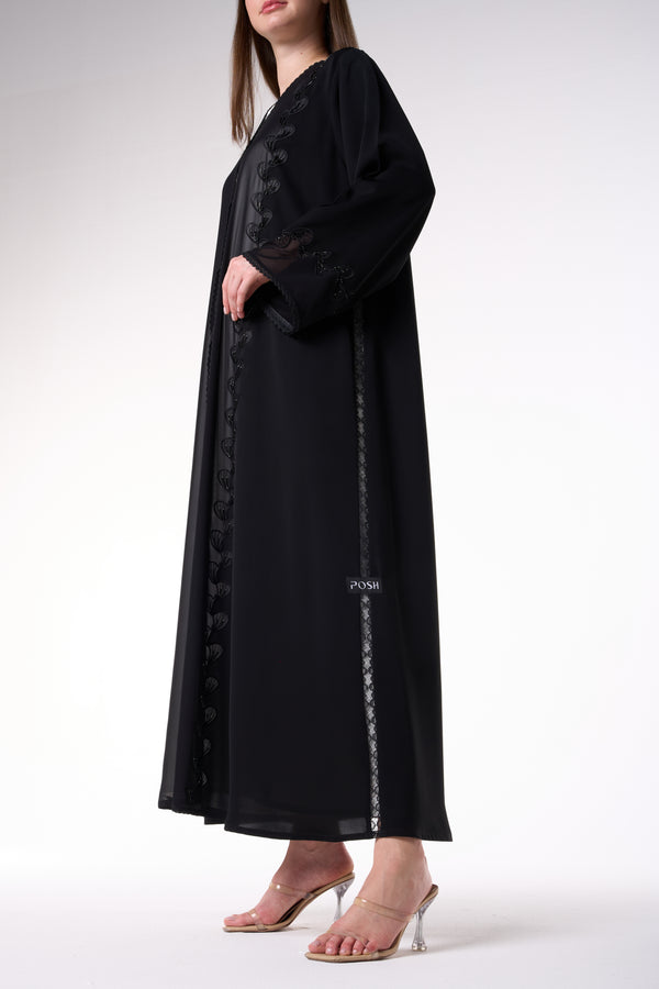 Black Royal Nada Abaya with Tatreez Leaf Embroidery